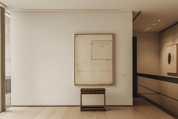 A minimalist hallway adorned with a single, elegant frame containing a line drawing on a neutral background