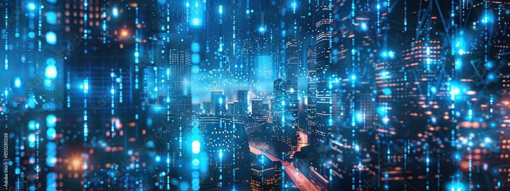 Poster futuristic smart city view with virtual network connections and lots of lights. the concept of a mod