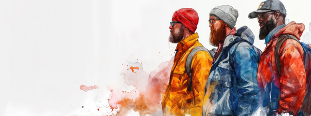 Fototapeta premium Diverse Group of Bearded Men in Outdoor Winter Gear Standing in Line.