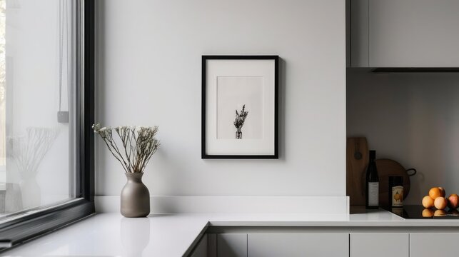 A minimalist kitchen nook with a small, unadorned frame holding a black and white still life photograph
