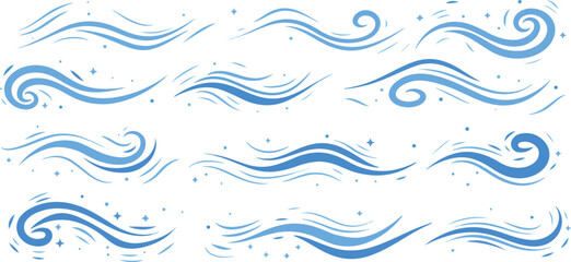 Wind Air Flow Elements Flowing Arrow Air Flow Direction, Doodle wind line sketch set. Hand drawn doodle wind motion, smoke flow art, abstract line Vector illustration