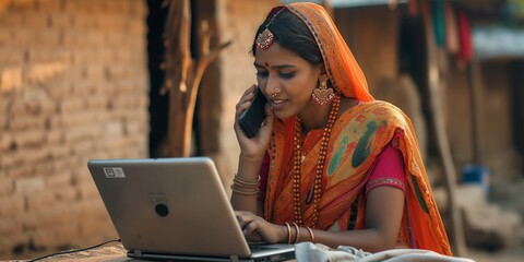 Indian Woman in Traditional Attire Working on Laptop and Talking on Phone Outdoors