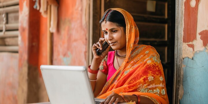 Indian woman in orange sari using a laptop and phone at home - Powered by Adobe
