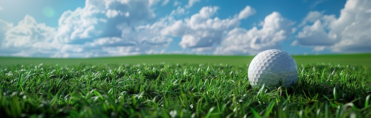 Obraz premium Golf ball in the photo on a stretch of green grass with a clear sky