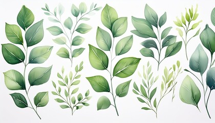 Beautiful watercolor illustration featuring a variety of green leaves in different shapes and sizes. The delicate brushstrokes and soft shades of green create a serene and natural aesthetic. 