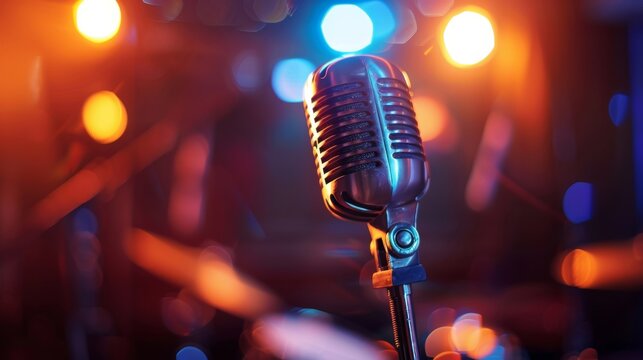 Soft blur of the jazz singers microphone standing at the center of the stage.