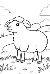 Obraz premium A sheep on grassy field, hill Kids/adults coloring page book, black and white art, 