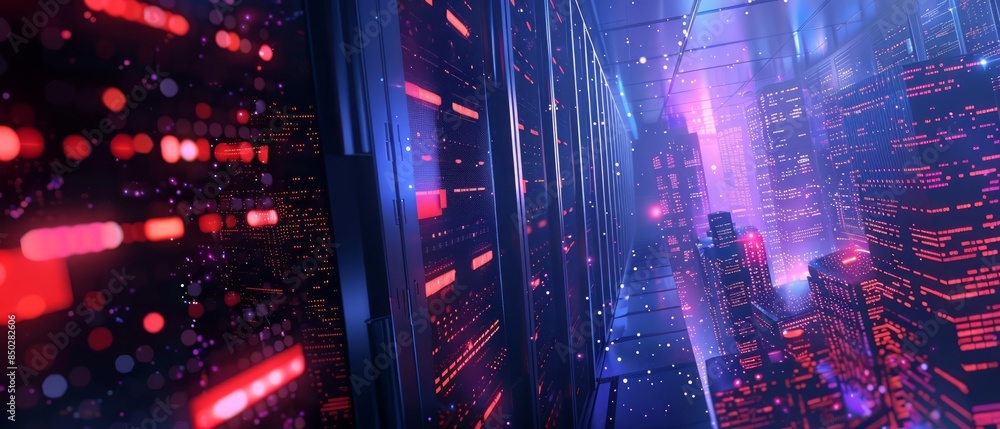 Poster advanced cybersecurity features on futuristic servers use ai to detect and neutralize threats in rea