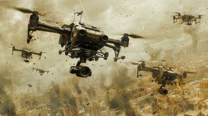 The helicopter is flying over a city, possibly during a war or a rescue mission. The image is dramatic and intense, with the helicopter flying low over the cityscape.