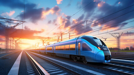Fototapeta premium Modern high-speed train on the background of beautiful sunset sky.