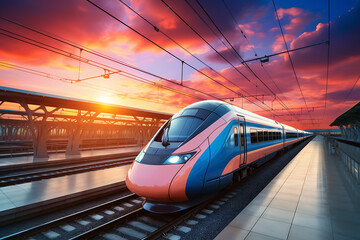 Fototapeta premium Modern high-speed train on the background of beautiful sunset sky.