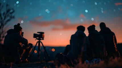 Fototapeta premium Unfocused view of a huddle of stargazers and their equipment.