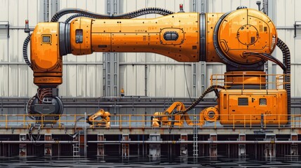 A large orange robotic arm is shown in a factory setting, with a yellow platform underneath. The arm appears to be a part of a machine, and it is situated near a body of water.