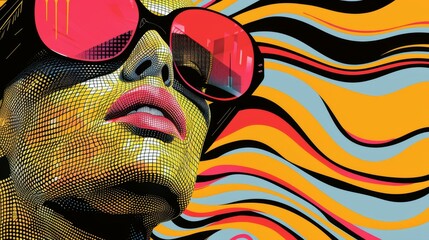 A woman wearing sunglasses and lipstick on her lips.