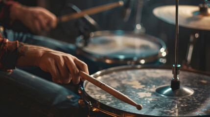 Obraz premium Drummer’s Hands Using Sticks on Drum Kit