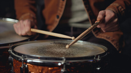 Drummer’s Hands Using Sticks on Drum Kit