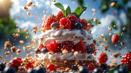 A cake with berries and nuts on top. The cake is falling apart and the berries and nuts are flying everywhere