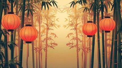 Bamboo background with lanterns, earthy tones