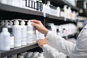 Pharmacist organizing medicine on shelves, showcasing the professional and meticulous environment of a healthcare pharmacy, Generative AI
