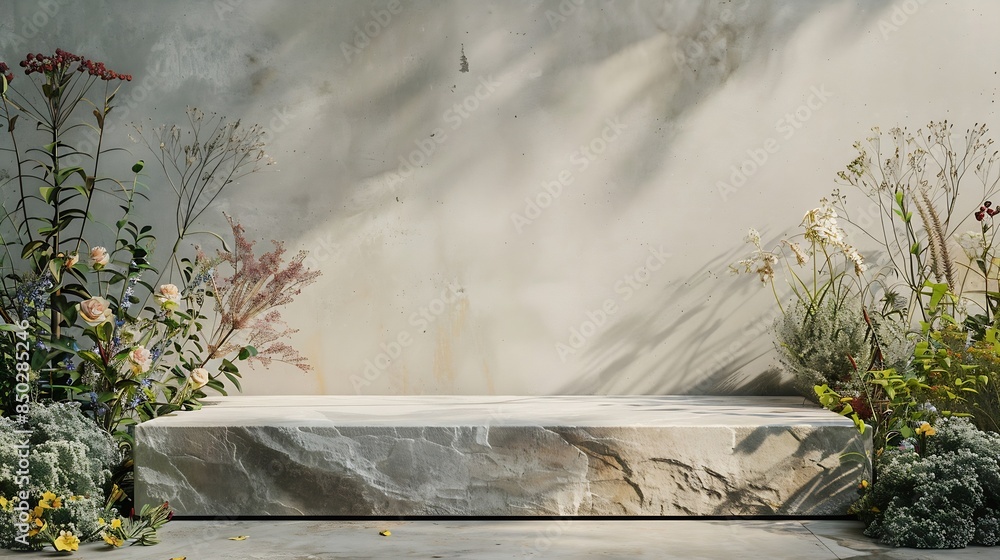 Poster Front view of the stone podium showcases products in a garden with flowers plants and branches Empty platform : Generative AI