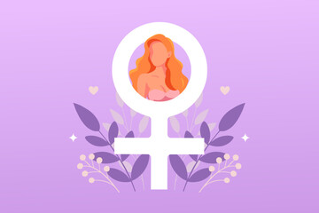  Women's Equality Day and March 8. A beautiful redhead girl in the sign of Venus. Purple background