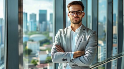 Fototapeta premium Confident Businessman Ready to Conquer Challenges in Urban Setting
