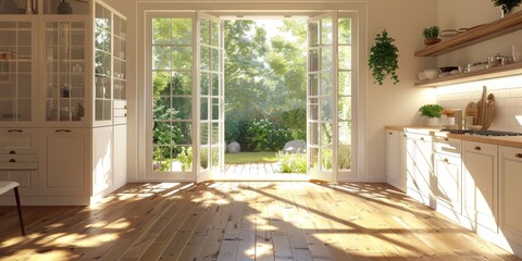 In summer, a modern home or office kitchen, interior, and windows are empty. A luxury apartment with wood tiled floors for design, architecture, or simplicity with great views.