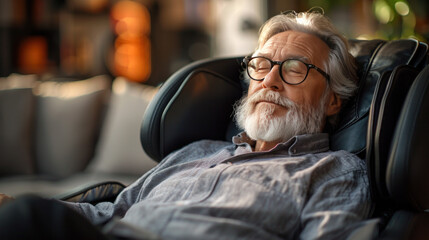 A senior man comfortably reclined on a modern electric massage chair, experiencing relaxation therapy in his living room. The atmosphere is calm and inviting, perfect for rejuvenation.