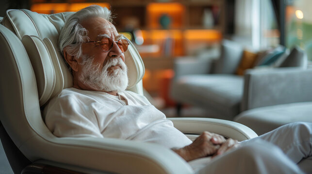 A senior man comfortably reclined on a modern electric massage chair, experiencing relaxation therapy in his living room. The atmosphere is calm and inviting, perfect for rejuvenation. - Powered by Adobe
