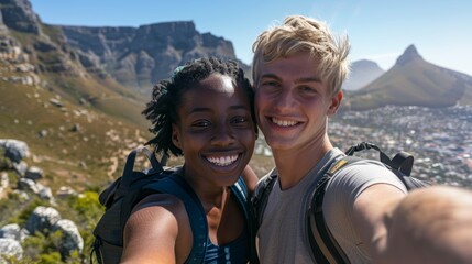 Happy couple hiking in nature during South African vacation. Healthy, energetic vacationing multiracial couple: smile, trekking, and portrait.