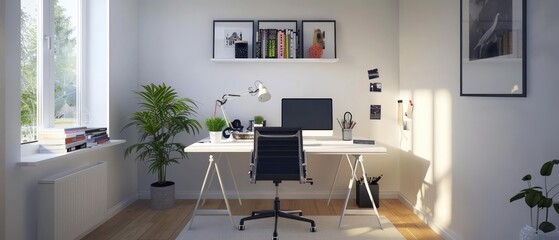 In a minimalist office, the workspace is free from excess decor, featuring a simple desk, ergonomic chair, and essential technology for a focused atmosphere