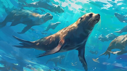 Fototapeta premium Lively sea lion with colorful whiskers. Graceful and charming marine emblem for décor, posters, and art. Set against an abstract aquatic and creative setting.