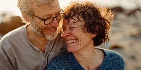 An elderly mixed-race couple laughing and smiling on the beach. Hispanic couple enjoying a romantic beach day.