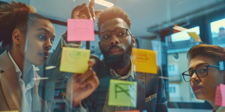 Office teamwork, sticky notes, and storyboard. Strategy, corporate schedule, or marketing moodboard of diverse employees working on a project