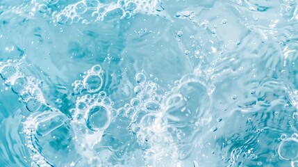 Transparent blue clear water surface texture with ripples splashes and bubbles Abstract nature background Water waves in sunlight Cosmetic moisturizer micellar toner emulsion Top view  : Generative AI