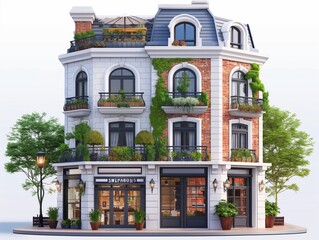 Obraz premium Charming cafe in a European-style building with lush green plants and outdoor seating on a sunny day.