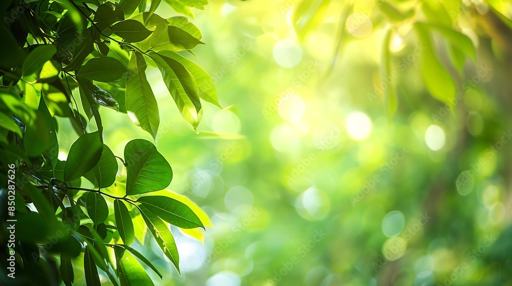 Aufkleber Bokeh of vivid leaves of trees in sunlight Natural green background Blurred rich greenery with copy space Abstract texture of defocused lush foliage in sunny day Backdrop of scenic nat : Generative AI