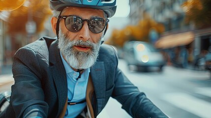 Close-up of a businessman on a bicycle mid-commute with a city street backdrop