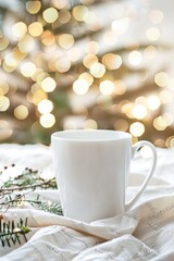 Cozy Winter Moment with Warm Drink and Festive Lights