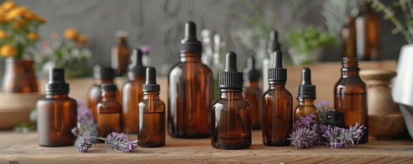 Dark glass containers filled with essential oils, surrounded by aromatic herbs and flowers