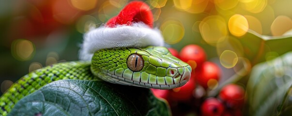 Festive bright green tree snake with a Santa hat on its head symbolizing the 2025 new year in the Chinese horoscope