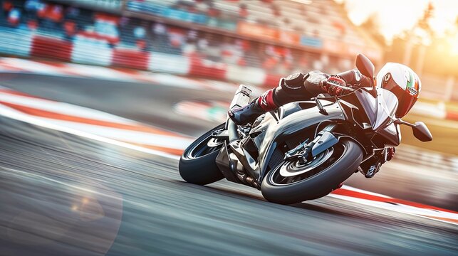 A motorcycle rider leans into a sharp turn on a racetrack, showcasing the speed and skill involved in this high-energy sport. Generative AI - Powered by Adobe