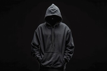 Isolated faceless man in hoodie on black background, symbolizing hacker, thief, dark demon, mysterious creature, Halloween character, secret - Powered by Adobe