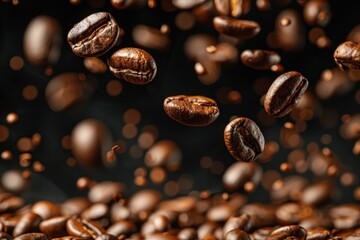 Falling coffee beans on a dark background, featuring a close-up view with ample copy space to highlight the beans' movement and texture