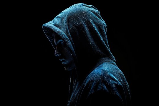 Mysterious faceless man in hoodie on black, representing hacker, thief, dark demon, secretive creature, Halloween character, secret