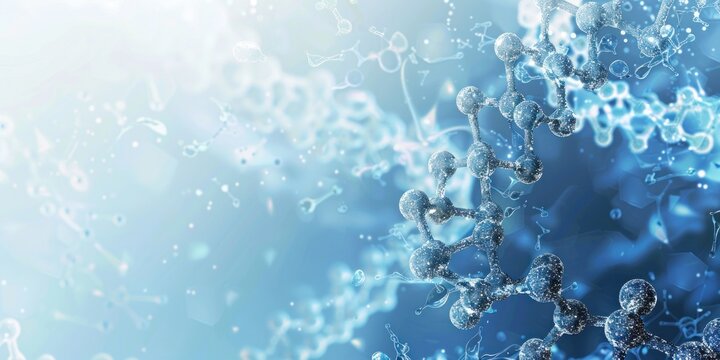 A background with a light blue color scheme and white DNA strands, overlaid with chemical formulae for amino acids. Isolated on a pastel background in the style of an AI's internal biology - Powered by Adobe
