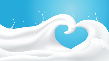Abstract milk waves with heart shape on blue background, vector illustration and design.