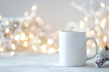 Festive Holiday Mug Surrounded by Christmas Decorations and Warm Lights