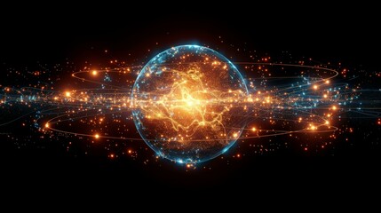 Obraz premium A futuristic space scene with a blue sphere and orange streaks of light.