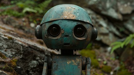 A small robot with a blue head and green body, sitting on a rock. The robot has big eyes and appears to be broken.